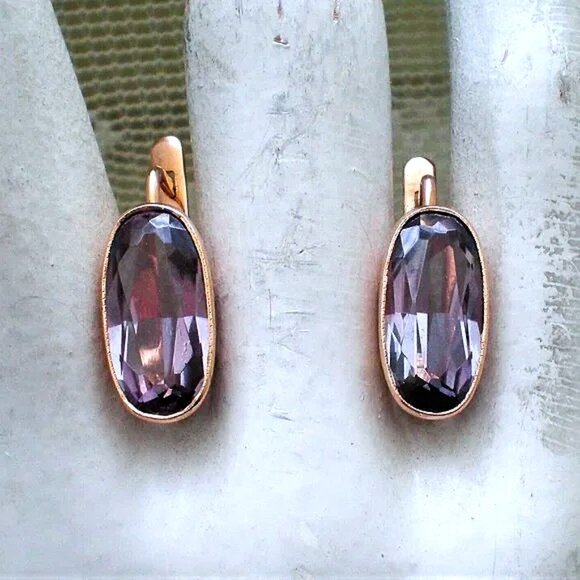 Jewelry - Vintage Russian Russia USSR 14K 583 Rose Pink Gold Alexandrite Dangle EARRINGS